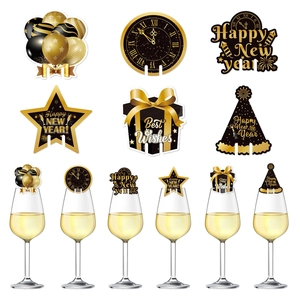 Wine Glass Decoration Cards New Year Party Paper Ornaments Black Gold Happy New Year Best Wishes Festive Decor