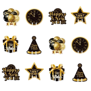 12-piece black and gold New Year party wine glass cards and festive table decorations