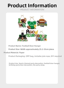 Detailed view of DIY Super Bowl door hanger set with twine and dimensions displayed