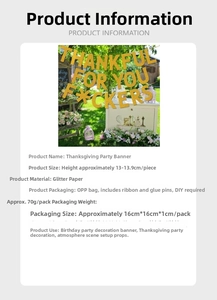 Detail specifications of golden glitter Thanksgiving banner showing DIY assembly and size data