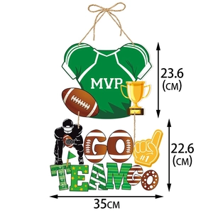 Detailed size specifications for American football door hanger with MVP and GO TEAM graphics