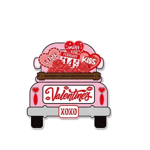 Valentine's Day pink truck wall hanging decor with red roses and hearts, 28x29cm size