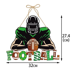 Detail view of a 32cm football player wooden door hanger decoration with dimensions