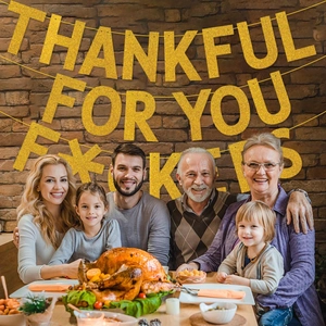Funny Thanksgiving banner with gold glitter text Thankful for You Fuckers in dining setting