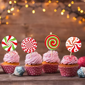 Décorations de cupcakes de Noël thème bonbon avec tourbillons rouges et verts pour fêtes