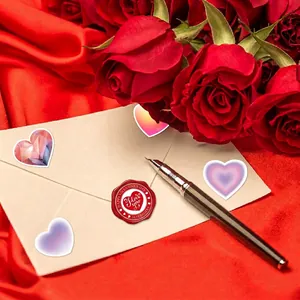 Assorted heart and round Valentine's Day stickers on a romantic rose and silk background