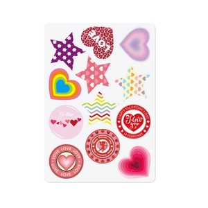 Detail of Valentine's heart stickers with Love and Happy Valentine's Day greeting text