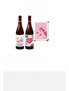 Detailed size chart for Valentine's wine bottle stickers and cards with heart designs