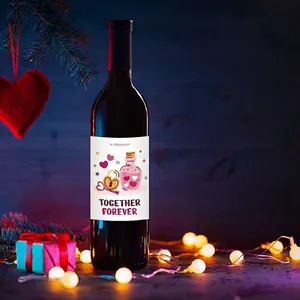 Valentine's Day wine bottle stickers featuring pink heart illustrations and forever slogans