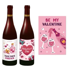 Romantic Valentine's Day wine bottle labels featuring hand-drawn pink heart designs, 15x10.5cm