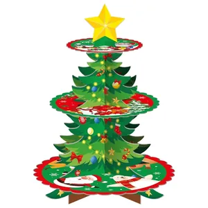 3-tier Christmas tree cardboard cupcake stand with Santa and reindeer festive illustrations