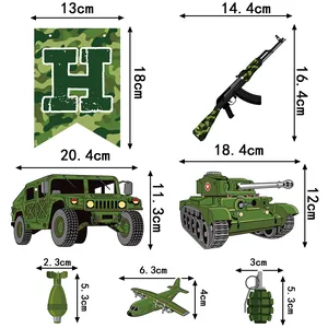 Size specifications for camouflage party decorations including banners and military vehicles