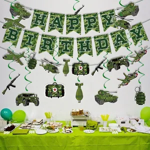 Camo army birthday party decorations set with Happy Birthday banner and military swirl cutouts