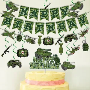 Army camouflage birthday party decorations with Happy Birthday banner and military swirl set