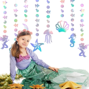 Holographic mermaid party hanging decorations featuring seahorse and jellyfish cutouts