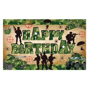 Camouflage happy birthday banner featuring army tanks, soldiers and military planes