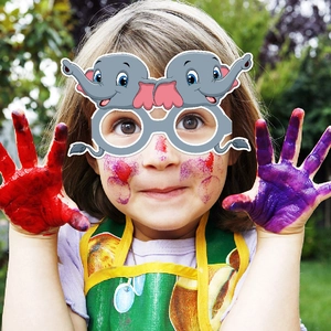 Cartoon elephant party glasses for children with cute gray design and pink ears