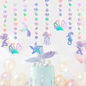 Holographic mermaid birthday party hanging decorations with sea horse and starfish