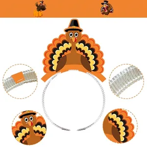 Thanksgiving turkey headband for parties with pilgrim hat decor and detail close-ups