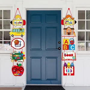 Colorful back to school welcome banner set with school bus and pencil icons for door decor