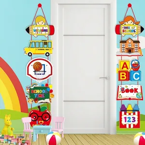 Vibrant Back to School welcome porch banner decorations with pencils and school bus