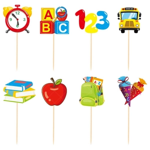 Détail de 8 décorations de cupcakes pour la rentrée scolaire avec bus et fournitures