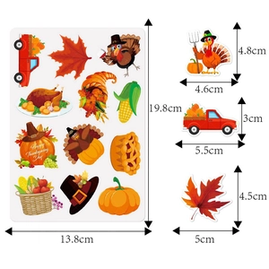 Cartoon Thanksgiving stickers set with turkey, pumpkins, and maple leaves for gifts