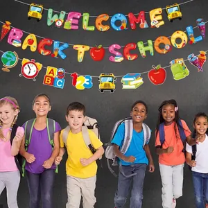Welcome Back to School Banner Set mit bunten Buchstaben und Schulmotiven Deko-Karten