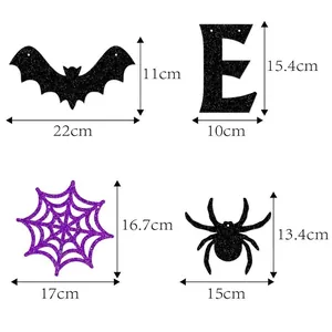 Halloween hanging decorations set with glitter bat, spider, and web banner dimensions