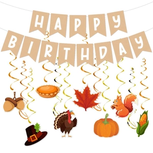 Happy Birthday Banner And Thanksgiving Spiral Hanging Ornaments Cardboard Pumpkin Maple Leaf Fall Theme Party Decor