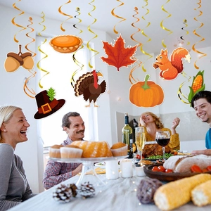 Thanksgiving swirl decorations with pumpkin and turkey charms for birthday party decor