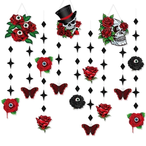 Gothic Halloween decoration set with skulls, red roses with eyeballs, and black butterflies
