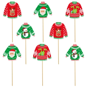 Set of 8 Christmas ugly sweater themed party toppers featuring Santa and Reindeer
