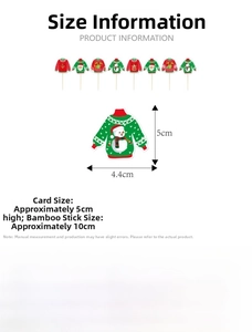 Detailed size chart showing 5cm ugly sweater cake toppers with 10cm bamboo sticks