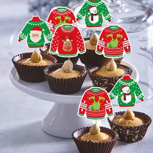 Ugly sweater themed Christmas cupcake toppers featuring Santa and reindeer on desserts