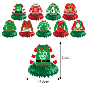 Detail view of 9 unique ugly sweater honeycomb centerpieces with dimensions for party decor
