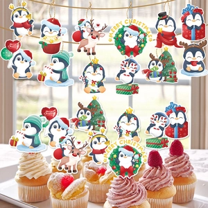 Christmas penguin paper tags and cupcake toppers set for holiday party tree decorations