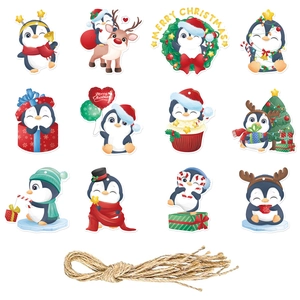 Set of 12 cartoon penguin Christmas tree hanging tags with festive holiday decorations