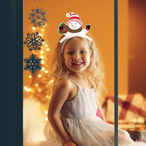 Christmas snowman headband with striped hat and scarf worn by a girl for holiday parties