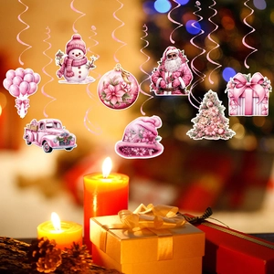 Pink Christmas hanging decorations set with Santa, snowman and trees in festive scene