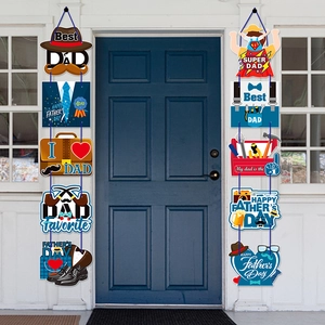 Happy Father's Day banners with superhero shields and gentleman icons on blue doors