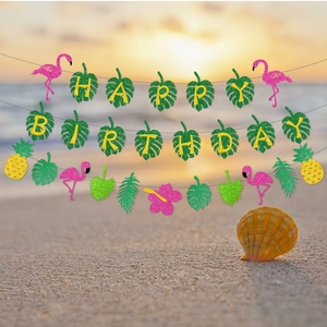 Glitzernde tropische Happy Birthday Girlande mit Flamingos und goldenen Ananas-Elementen