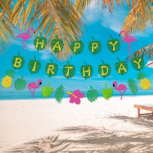Hawaii Happy Birthday Banner mit Glitzer-Flamingo, Ananas und Palmenblättern Deko