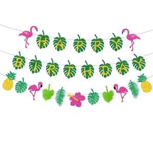 Glitzernde Happy Birthday Girlande mit Flamingo, Ananas und tropischen Blättern