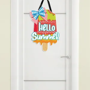 Close-up of Hello Summer ice cream door hanger with a bow on a white modern door