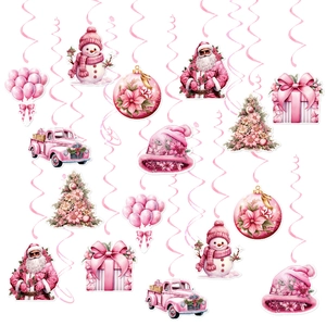 Pink Christmas Hanging Swirl Decorations Cardboard And Plastic Ceiling Ornaments For Holiday Party Santa Snowman Truck