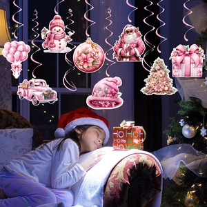 Pink Christmas hanging swirl decorations with Santa Snowman and tree for holiday parties