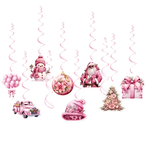 Pink Christmas hanging swirl decorations with Santa, snowman and festive tree motifs