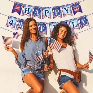 USA Independence Day decoration set with Happy 4th of July banner and handheld flags