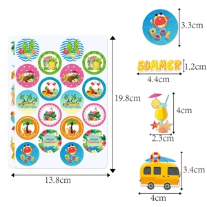 Hawaiian summer party stickers with flamingo and palm tree designs and size measurements
